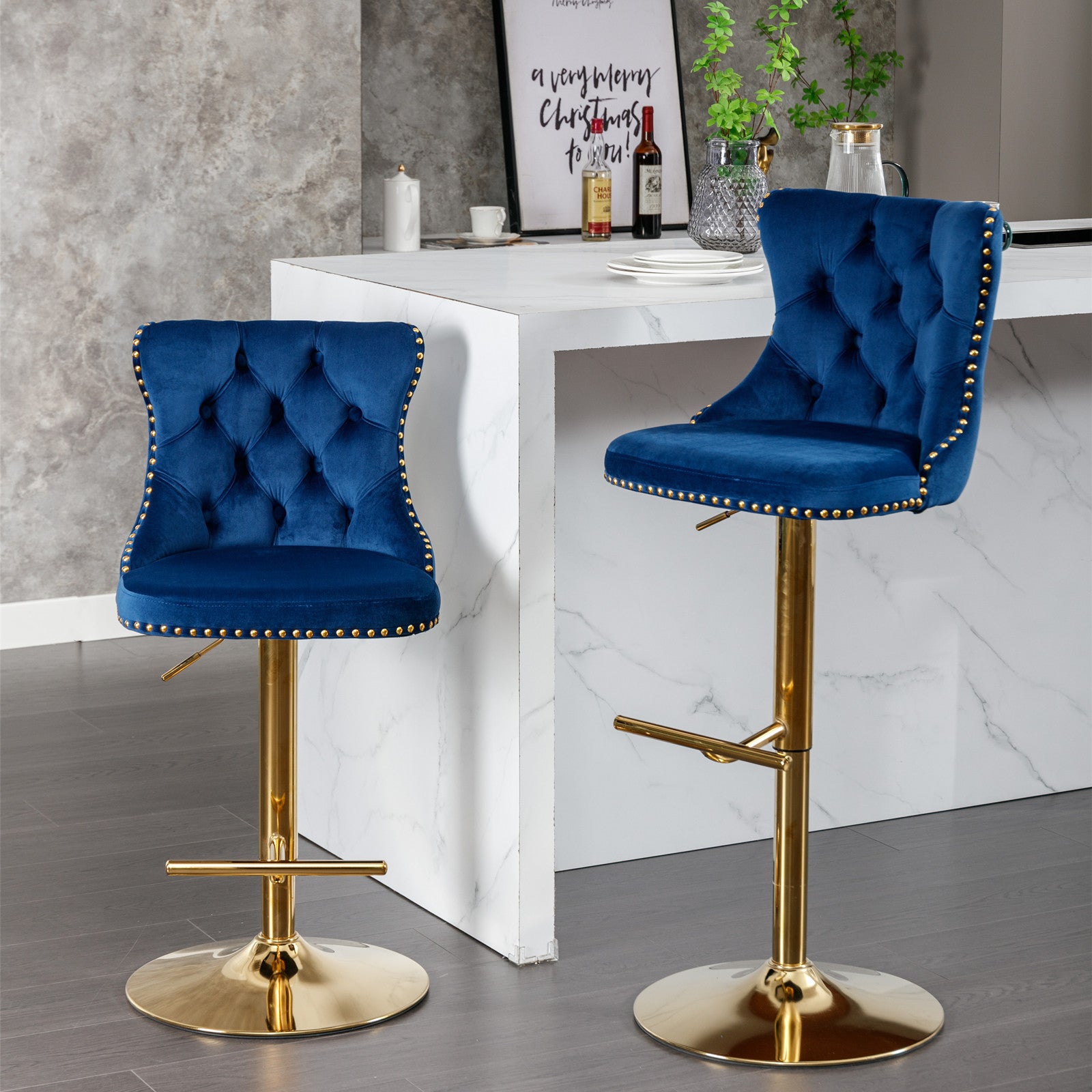 25-33 Inch, Modern Upholstered Bar Stools with Backs Comfortable Tufted for Home Pub and Kitchen Island,Blue,Set of 2